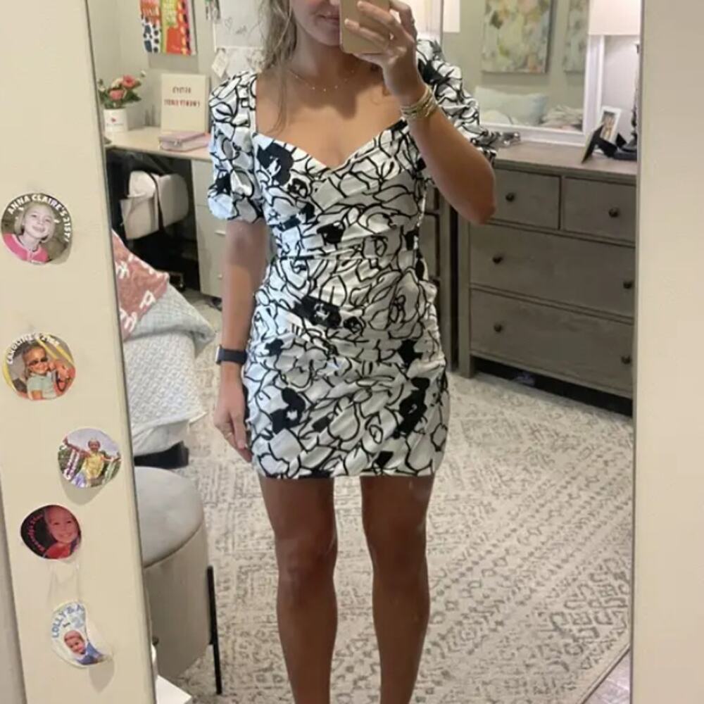 Ronny Kobo Black Floral Mini Dress Size 12 Puff Sleeve Ruche Party Designer $370 - Picture 6 of 12